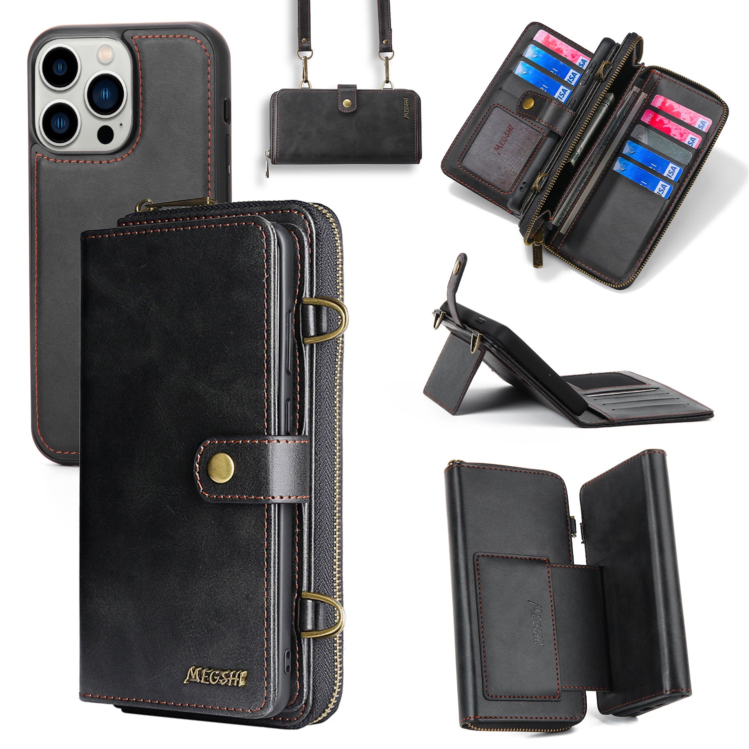 MEGSHI 020 Series for iPhone 14 Pro Detachable 2-in-1 Wallet Cover PU Leather Phone Stand Case MEGSHI 020 Series for iPhone 14 Pro Detachable 2-in-1 Wallet Cover PU Leather Phone Stand Case